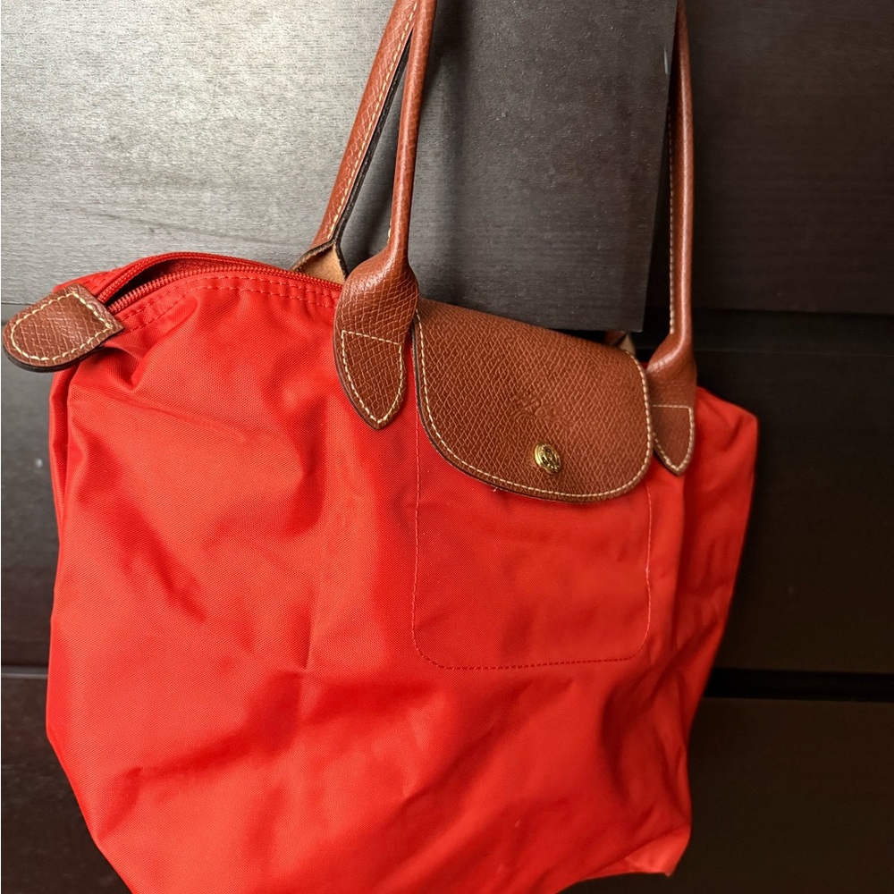 Longchamp Orange Tote Bag with Brown leather straps